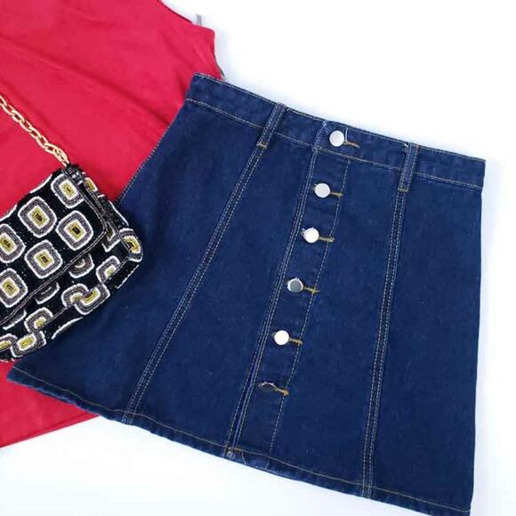 A-line Denim Skirt Button Front Mini Dark Wash Boho Bohemian Festival - Picture 1 of 4